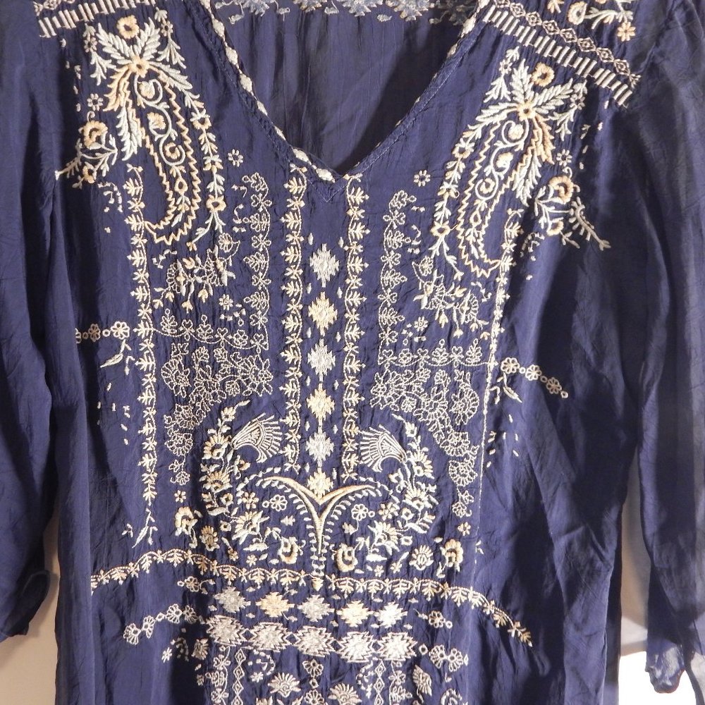 Johnny Was Paizyn 3/4-Sleeve Embroidered Blouse, Blue Night Sold Out - Picture 4 of 11